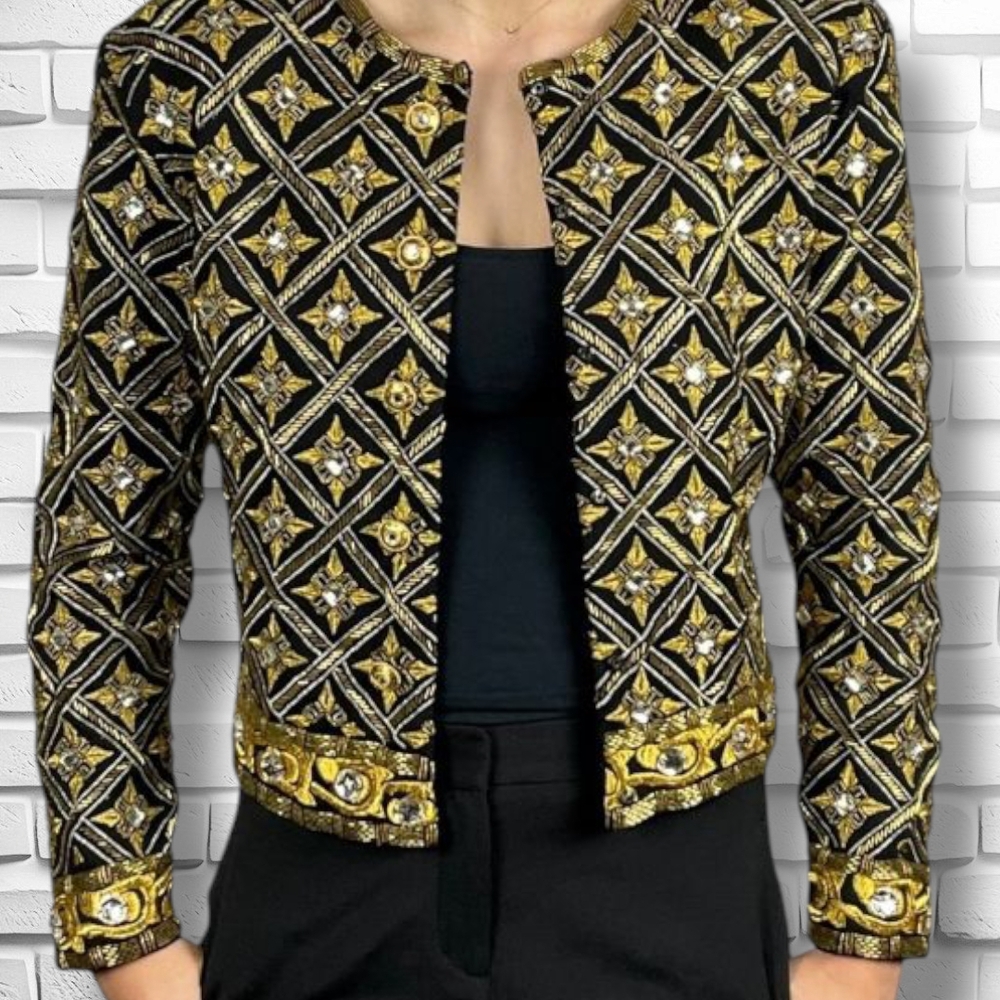Rare Vintage Adrienne Vittadini Couture Wool Jacket | Black & Gold Beaded Blazer